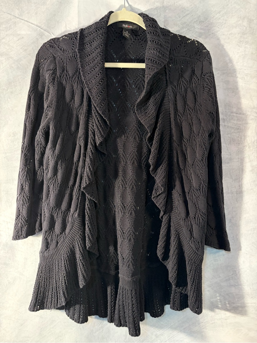 Style&co Black Open Knit Ruffle Cardigan Sweater Women’s Medium
